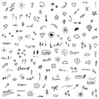 Hand drawn doodles icon in flat style. Speech bubbles, arrows and shapes illustration on isolated background. Drawing sketch sign business concept. vector