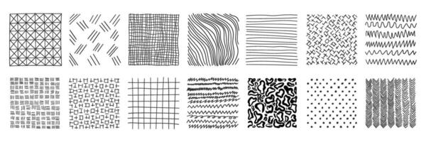 Hand drawn patterns in square icons set in flat style. Doodle sketch illustration on isolated background. Chaotic random waves sign business concept. vector