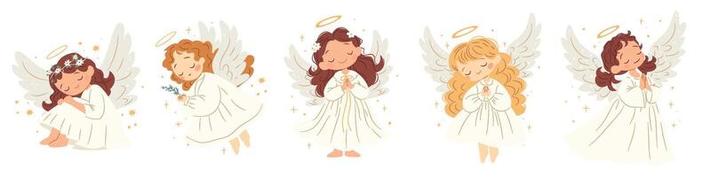 A set of cute illustrations in children's style. Cute angels on white background with wings vector