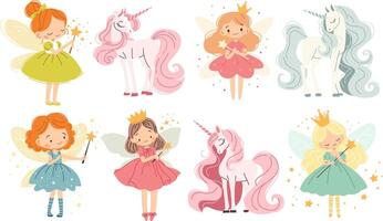 Set of flat illustrations in children's style. Cute fairies and unicorns with magic wands on white background vector