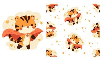 Collection of prints for printing on children's products. Cute tiger cub in superhero cape, clouds and stars on white background. Seamless pattern vector