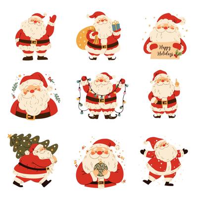 A set of flat Christmas illustrations. Cute Santa Clauses in different poses