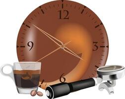 Clock, cup of espresso, portafilter and coffee beans indicating coffee break time vector