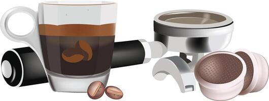 Espresso coffee with portafilter and pods, coffee beans and glass cup vector