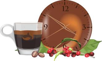 Coffee time showing espresso, beans, leaves and clock on white background vector