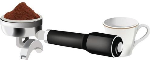 Portafilter with ground coffee and empty coffee cup preparing delicious espresso vector