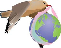Seagull carrying earth globe with pink ribbon, environmental conservation concept vector