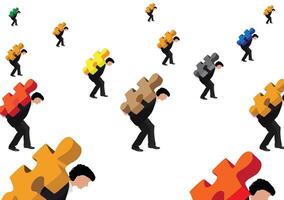 Businessmen carrying colorful puzzle pieces, teamwork and collaboration concept vector