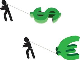 Stick figures pulling dollar and euro currency symbols with rope vector