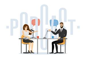 Businessman and businesswoman discussing in business radio broadcast studio. Man and woman with microphones and podcast inscription background. Live streaming channel show podcasting and broadcasting vector