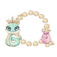 An adorable snake character wearing a sparkling crown, joyfully surrounded by shiny coins and a cute pink bag vector