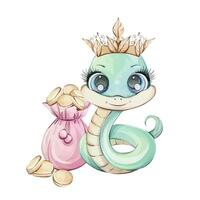 A charming cartoon snake adorned with a crown and holding a treasure bag, ideal for whimsical design projects vector