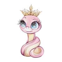 A cute pink snake with a shiny crown, vibrant blue eyes, and a friendly smile, showcasing a delightful character vector
