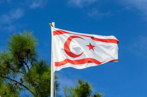 Northern Cyprus flag waving in clear blue sky surrounded by lush green pine trees during bright daylight photo