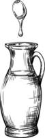 Glass bottle, carafe and Olive berries fruit with drop of oil. Jar with food sauce. sketch in line art style painted by black inks. illustration for label, menu, logo. Isolated from background vector
