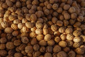 Many walnut brown nuts in shell on the market background pattern photo