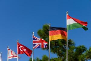 Colorful flags of various nations fluttering under a clear blue sky in a serene outdoor setting, showcasing international unity and diversity photo