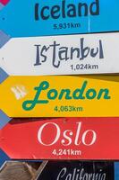 Discovering the distances to iconic cities at a colorful directional signpost in the heart of an adventurous location photo