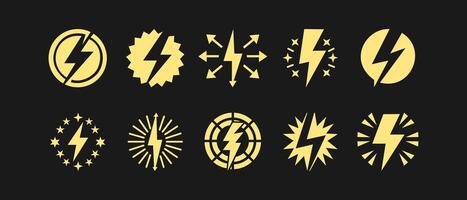Creative collection of lightning and thunder symbols designed for weather-themed graphics and illustrations in various styles vector