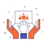 Hands holding a laptop with a group of people on it vector