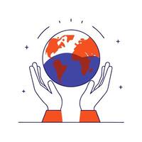 Hands holding the earth in a flat line style vector