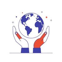 Hands holding the earth, with a blue and red outline vector
