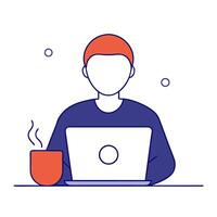 A man is sitting at a desk with a laptop and coffee vector