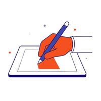 A hand holding a pen and writing on a tablet vector