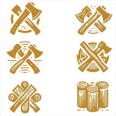 Wooden axes and logs icons set