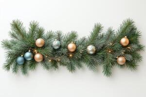 Festive garland adorned with shimmering ornaments and twinkling lights in a cozy winter setting. photo