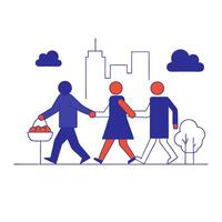 People walking in the city with a basket of apples vector