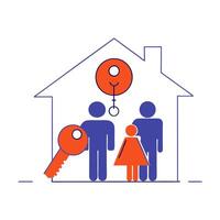 A family is standing in front of a house with a key in the middle vector