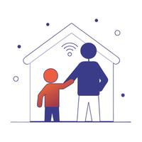 A man and child are standing in front of a house with wifi vector