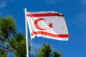 The northern Cyprus flag waving proudly against a clear blue sky with green pine trees in the background on a sunny day photo