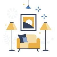 An illustration of a living room with a lamp and a couch vector