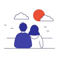 Couple sitting on the beach with the sun in the background vector