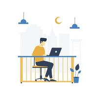 Man working on laptop in office with city skyline in background vector