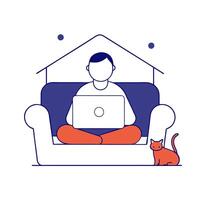 Man sitting on couch with laptop and cat vector