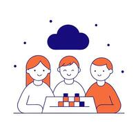 Three people playing chess on a board with clouds above vector