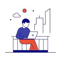 A man sitting on a bench with a laptop vector