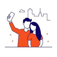 A man and woman taking a selfie with a city skyline in the background vector
