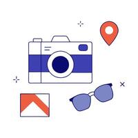 A camera, sunglasses, map and other items vector