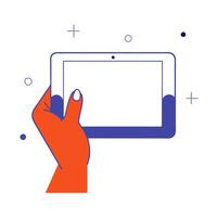 A hand holding a tablet with a blank screen vector