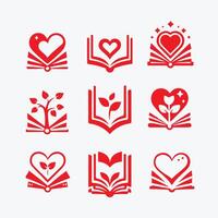 Red book icons set with heart, tree and leaves vector