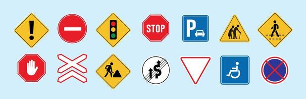 warning traffic signs collection, traffic signs illustrations of various types on metal poles. suitable for poster use and web icons vector