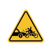 Warning sign of car accident hitting bicycle on yellow triangle board. Suitable for poster and web icon vector