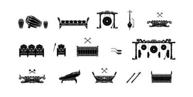 Set of illustrations of traditional Indonesian musical instruments, logos of silhouettes of various types of gamelan instruments, suitable for music stores and communities vector