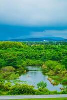 A serene landscape featuring a lush green trees, with a gentle river flowing through the forest under a bright sky. photo