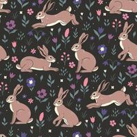 Seamless pattern with hares and flowers on a dark background. graphics. vector