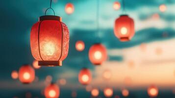 Colorful lanterns glowing beautifully at sunset, creating a serene and festive atmosphere. photo
